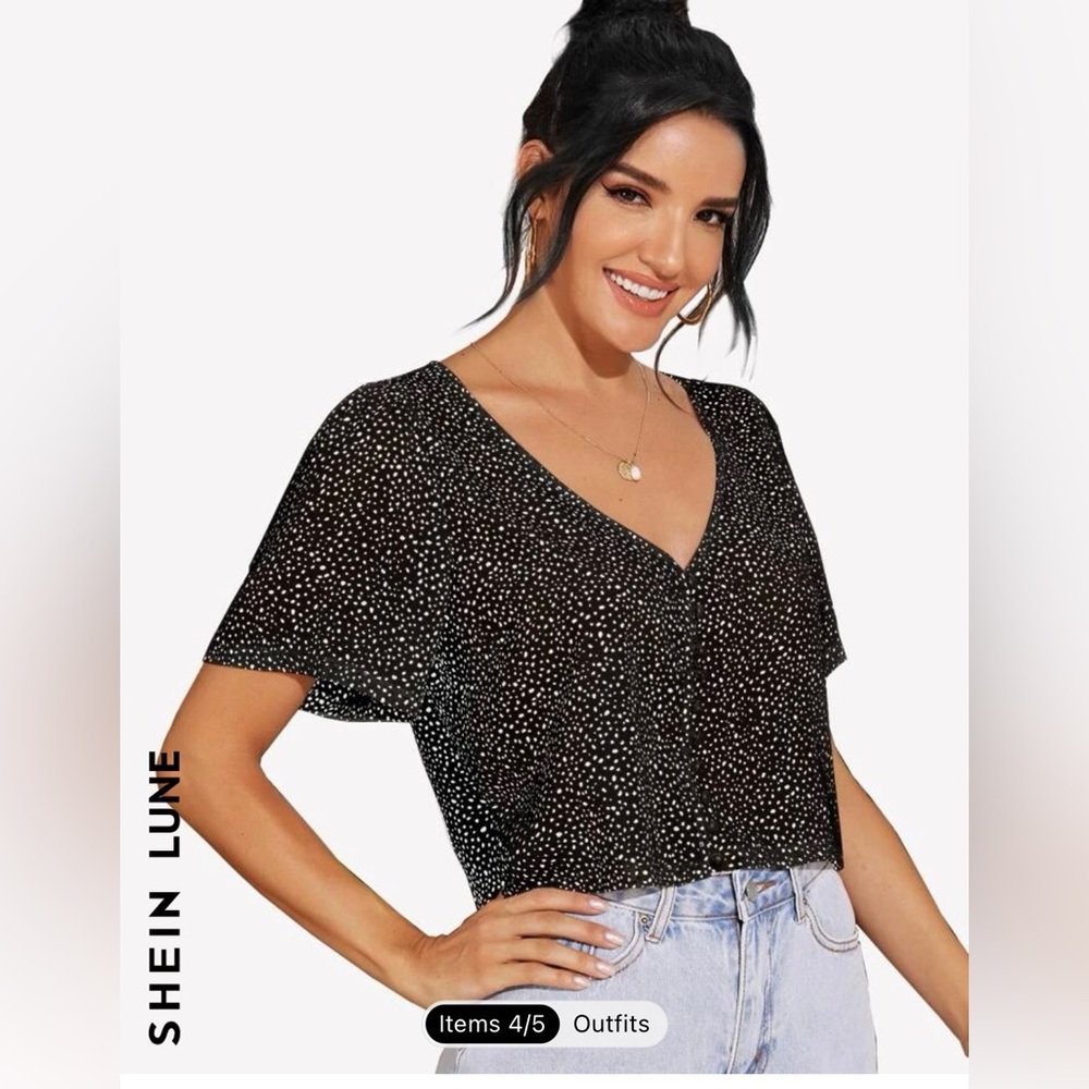 SHEIN Speckled Print Faux Pearl Button-Loop Top